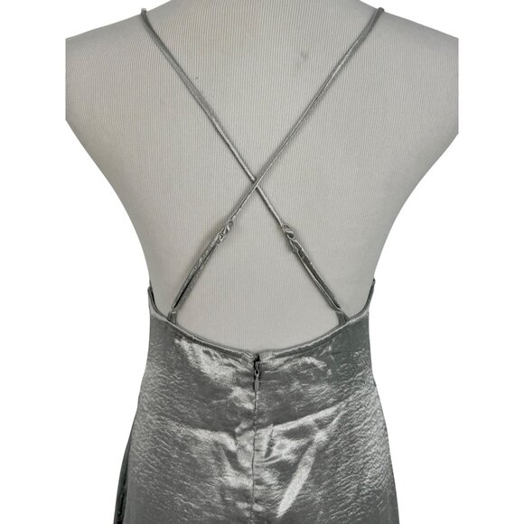 Urban Outfitters Silver Satin Crisscross Spaghetti Strap Lace Trim Slip Dress - Picture 11 of 16